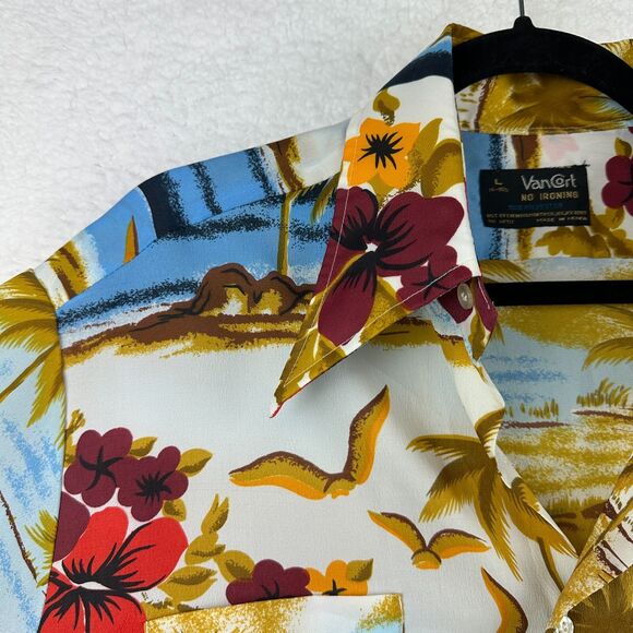 Vintage Vancort Mens Hawaiian Button Up Shirt L No Iron Luau Surf Beach Retro - Picture 6 of 9